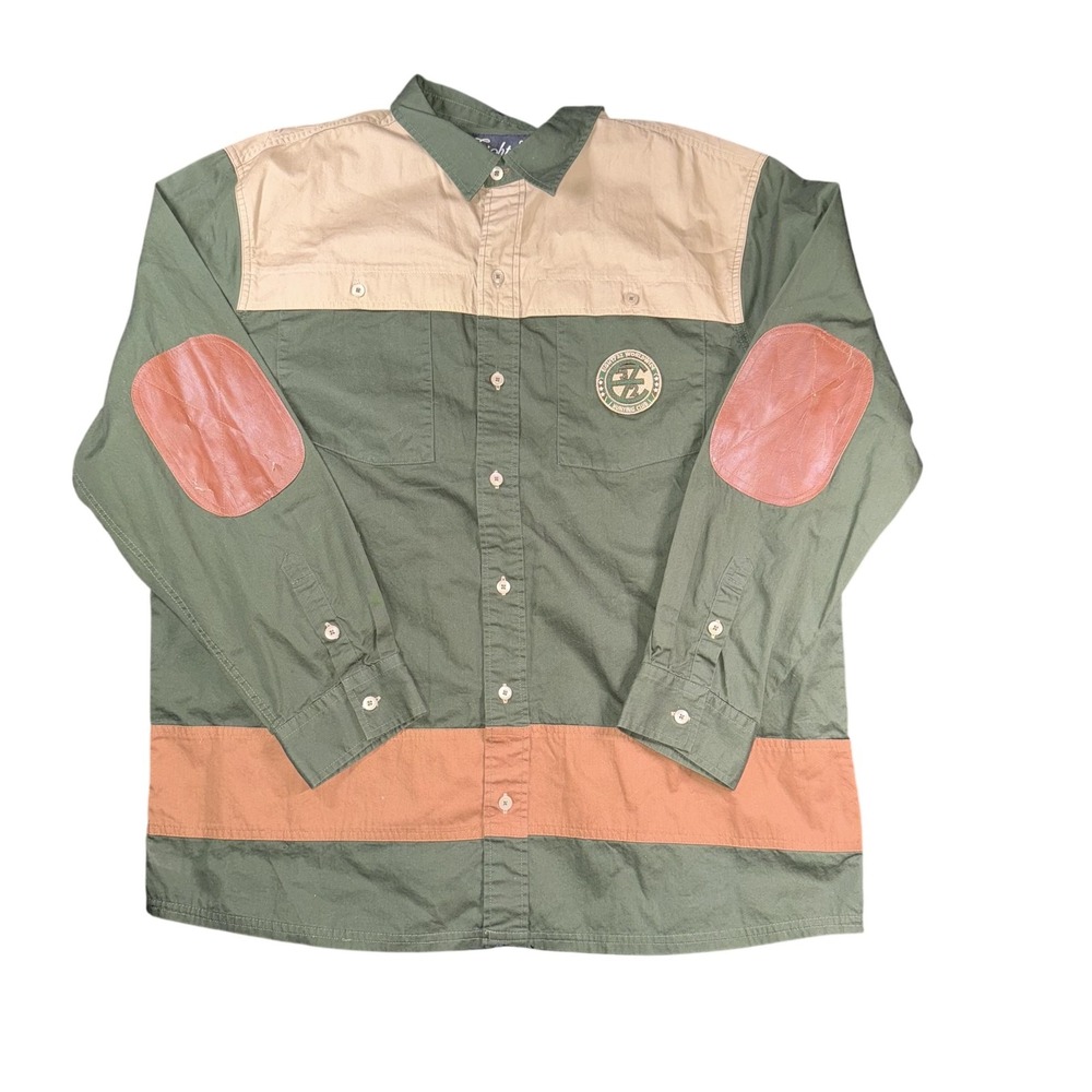 Eight 732 Shirt Mens 2XL Green Tan Button Up Hunting Club Patch Elbow Canvas